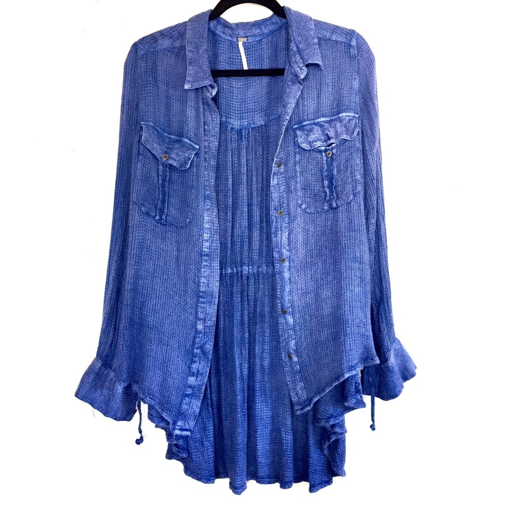 Free People Soft Blue Long Sleeve Button Up Top
